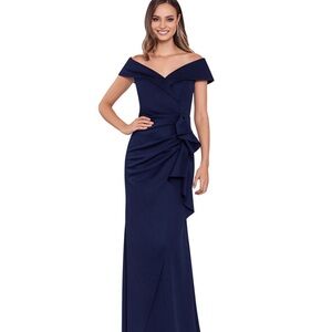 Xscape Navy scuba off-the-shoulder gown